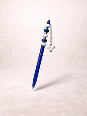 Blue Beaded Kawaii Pen with Heart Charm – Includes Ink Refill